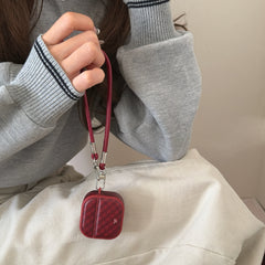 Red diamond-patterned magnetic leather AirPods earphone case