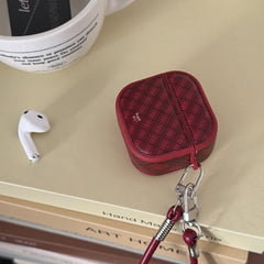 Red diamond-patterned magnetic leather AirPods earphone case