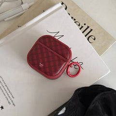 Red diamond-patterned magnetic leather AirPods earphone case