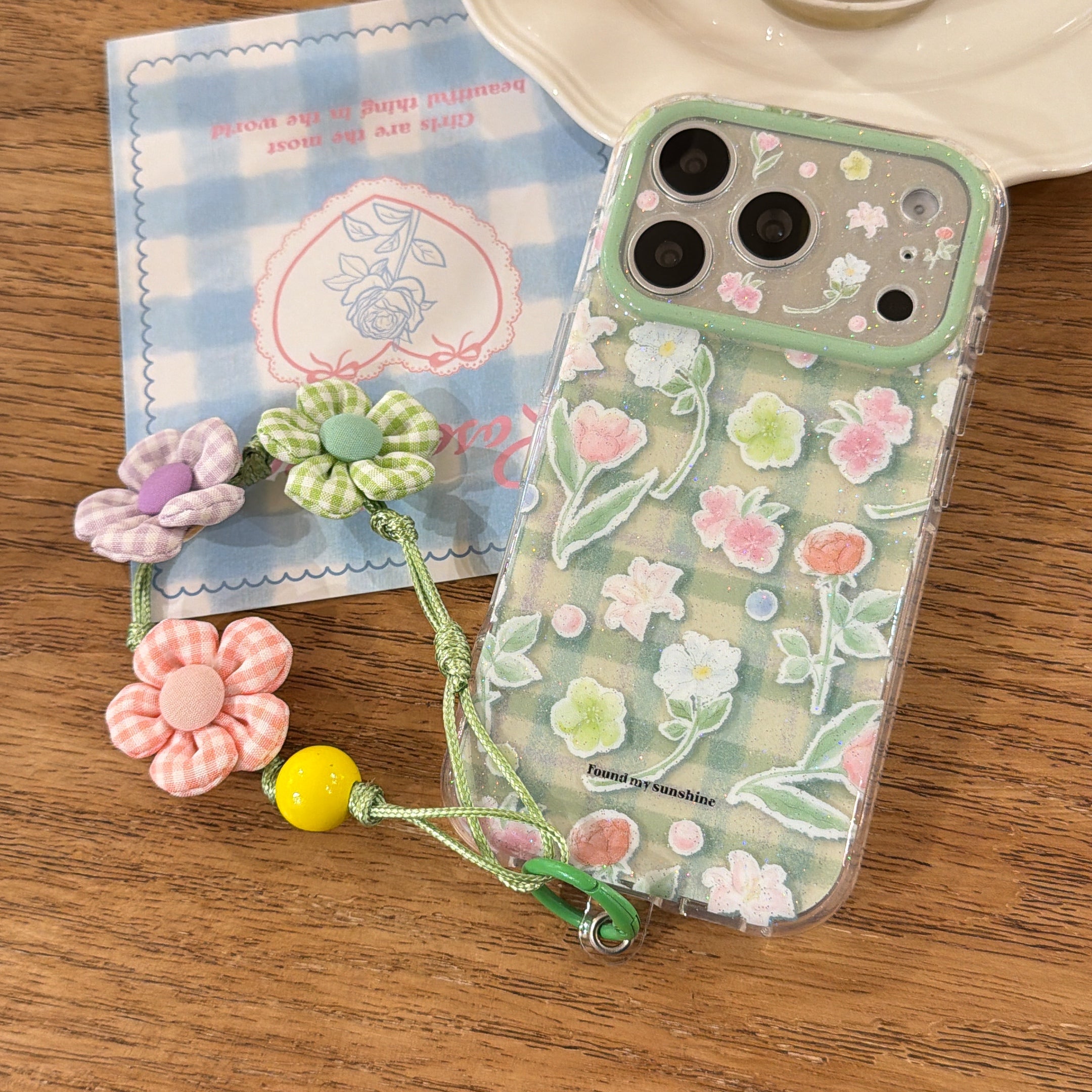 Glitter Green Plaid Floral Phone Case for iPhone 13-17 Pro Max