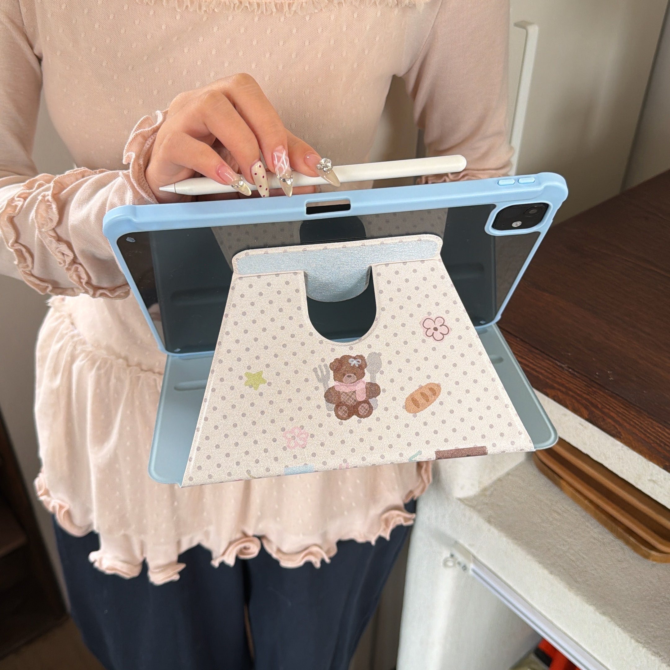 Fair Isle polka dot bear rotating iPad protective case