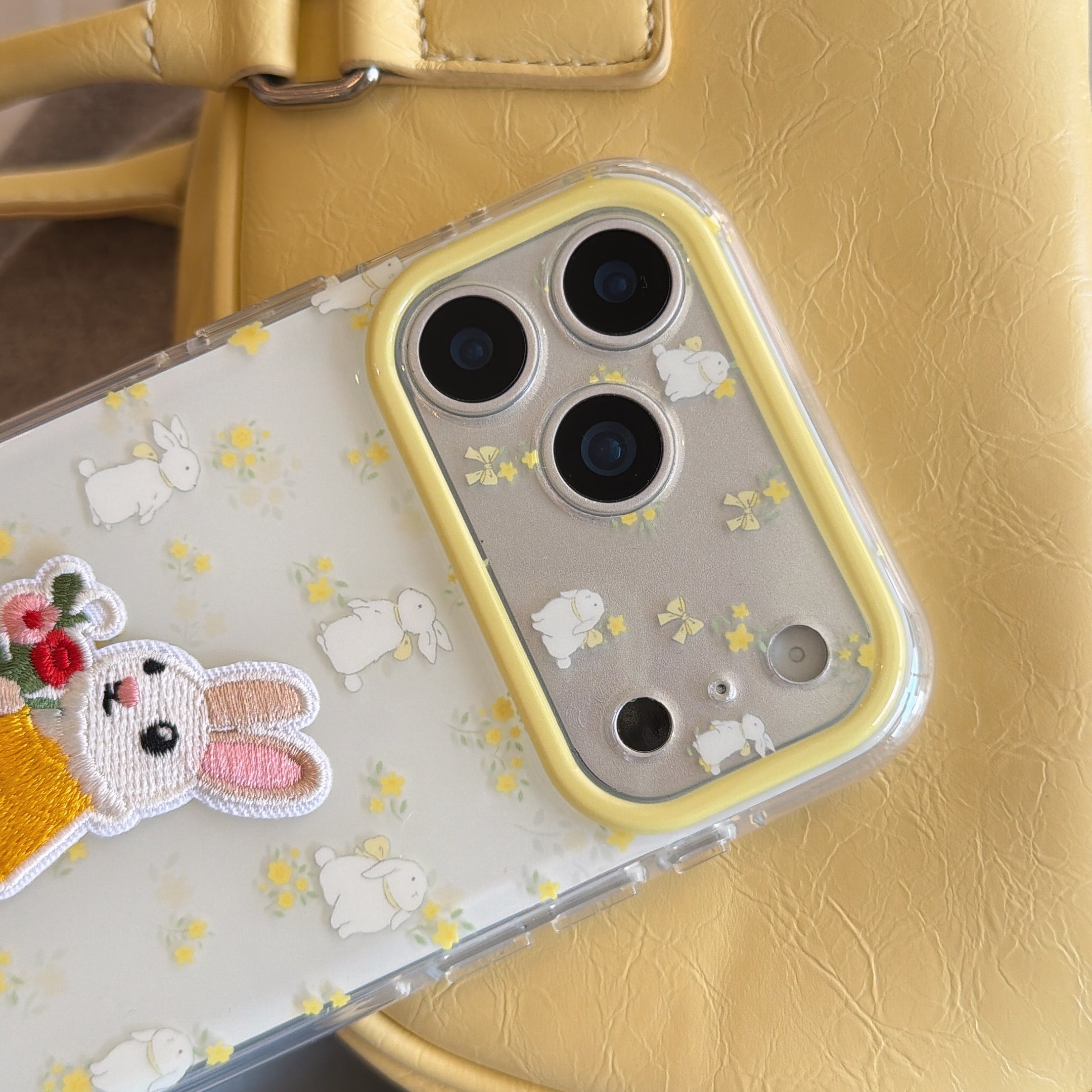 Ditsy Floral Embroidered Bunny Phone Case for iPhone 13-17 Pro Max