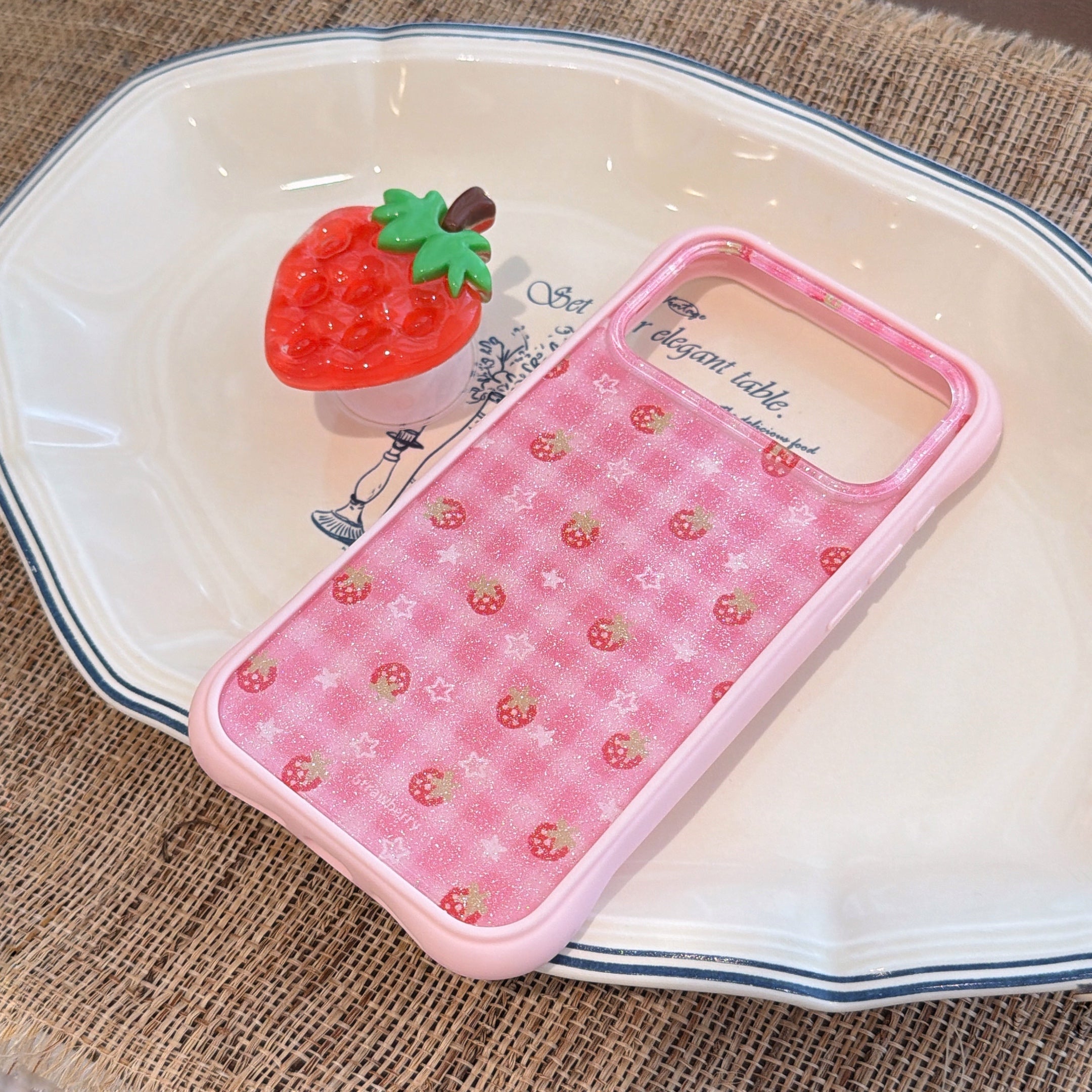 Sparkly Strawberry Case: Aesthetic Protective Series with 3D Grip Stand for iPhone 13-17 Series | Glitter Infused Fruit Design