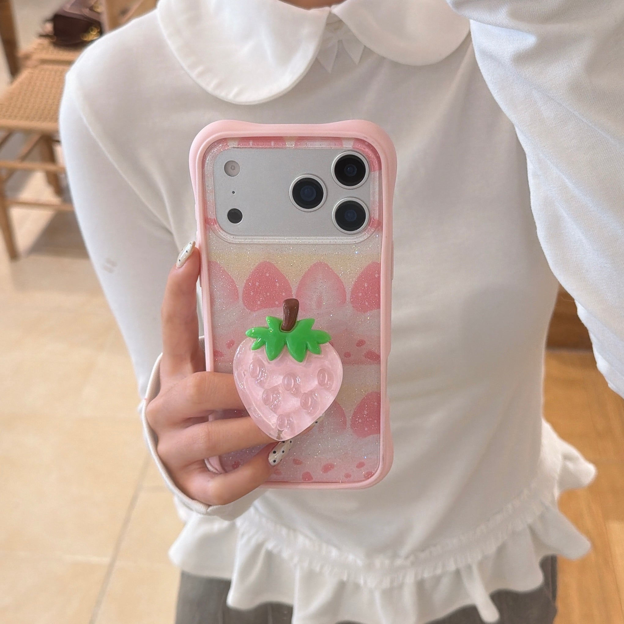 Sparkly Strawberry Case: Aesthetic Protective Series with 3D Grip Stand for iPhone 13-17 Series | Glitter Infused Fruit Design