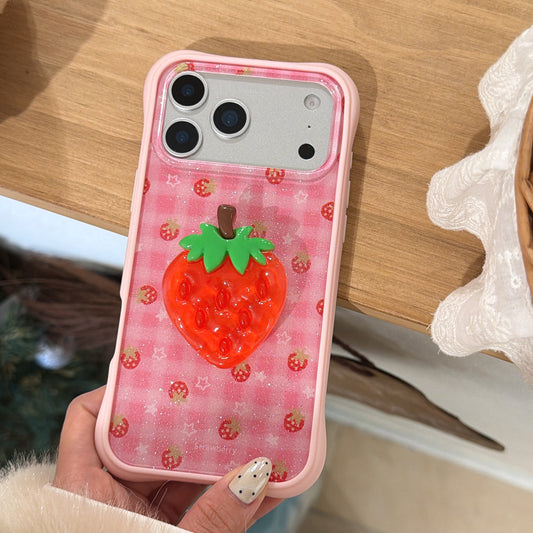 Sparkly Strawberry Case: Aesthetic Protective Series with 3D Grip Stand for iPhone 13-17 Series | Glitter Infused Fruit Design