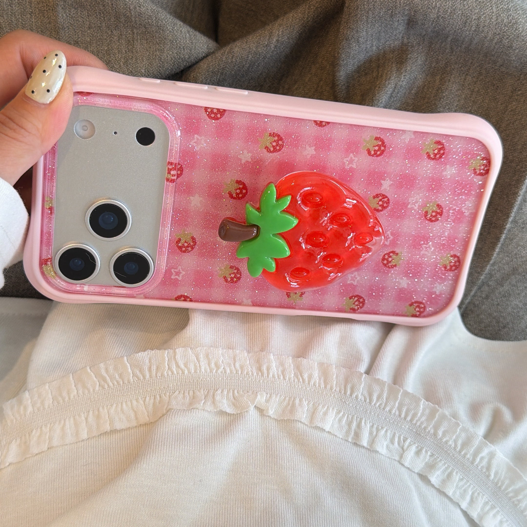 Sparkly Strawberry Case: Aesthetic Protective Series with 3D Grip Stand for iPhone 13-17 Series | Glitter Infused Fruit Design