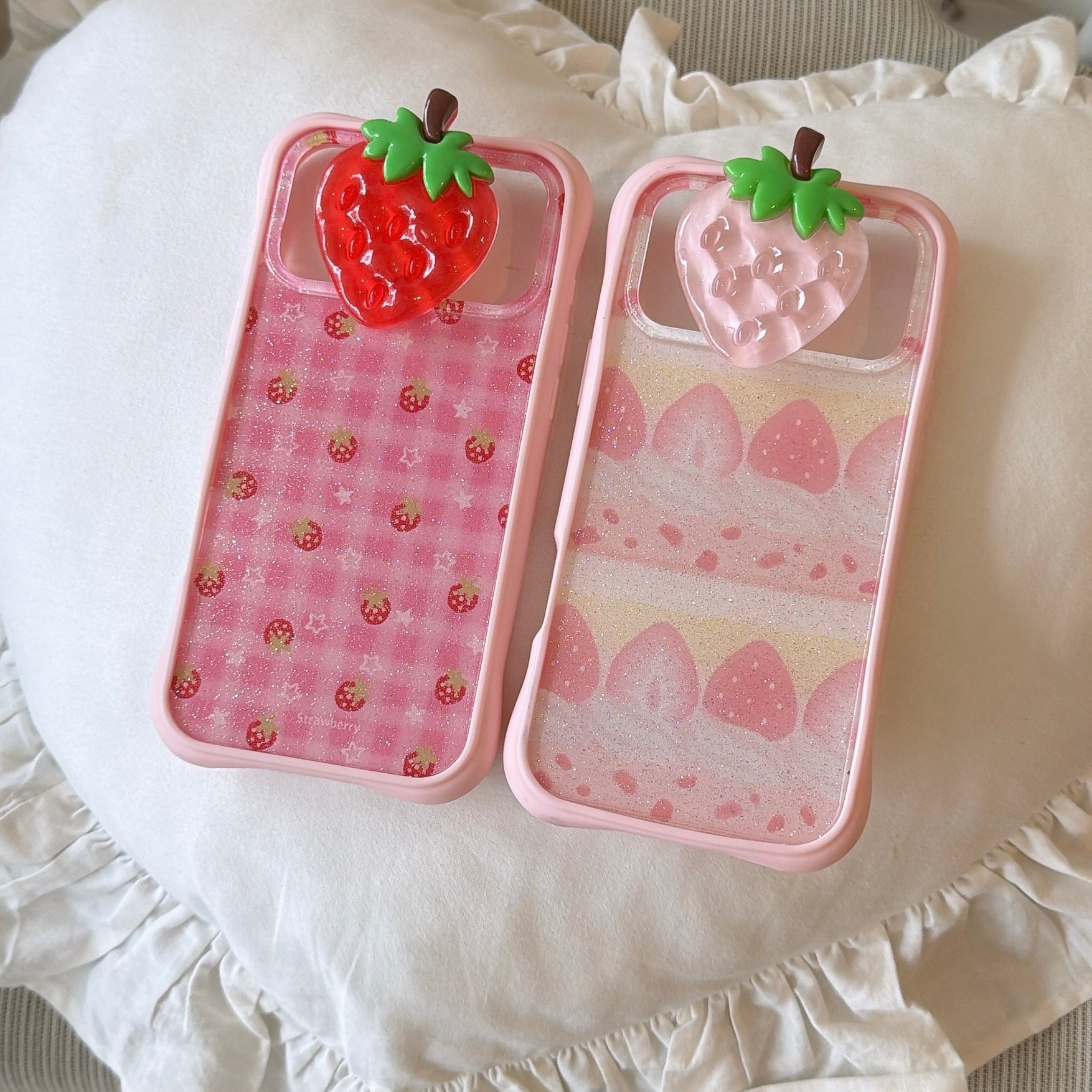 Sparkly Strawberry Case: Aesthetic Protective Series with 3D Grip Stand for iPhone 13-17 Series | Glitter Infused Fruit Design