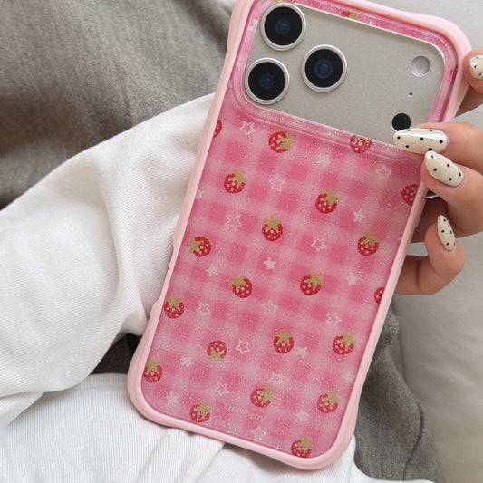 Sparkly Strawberry Case: Aesthetic Protective Series with 3D Grip Stand for iPhone 13-17 Series | Glitter Infused Fruit Design