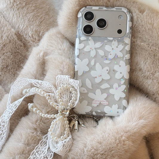 Romantic White Flower Case: 360° Protective Shockproof Series with Lace Bow Charm for iPhone 13-17 Series | Aesthetic Floral Design
