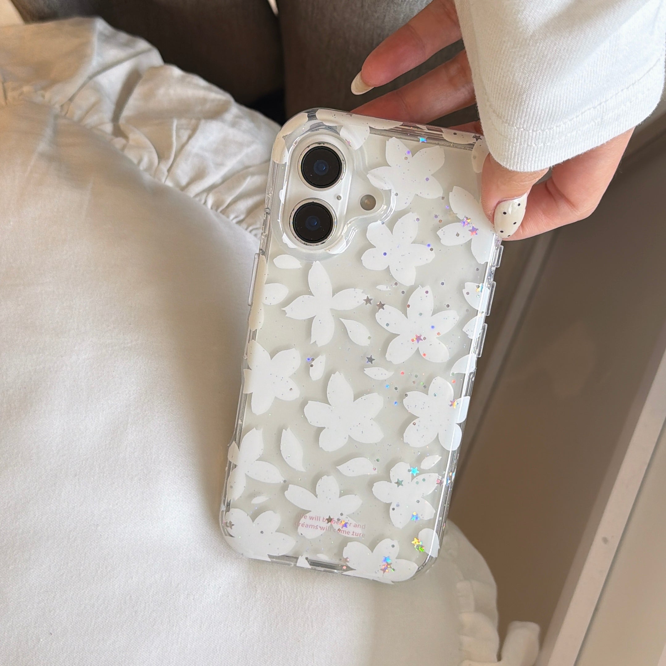 Romantic White Flower Case: 360° Protective Shockproof Series with Lace Bow Charm for iPhone 13-17 Series | Aesthetic Floral Design