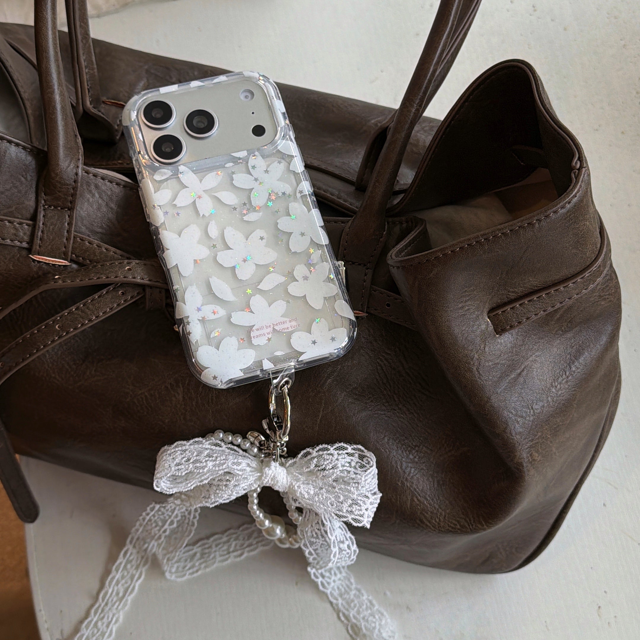 Romantic White Flower Case: 360° Protective Shockproof Series with Lace Bow Charm for iPhone 13-17 Series | Aesthetic Floral Design