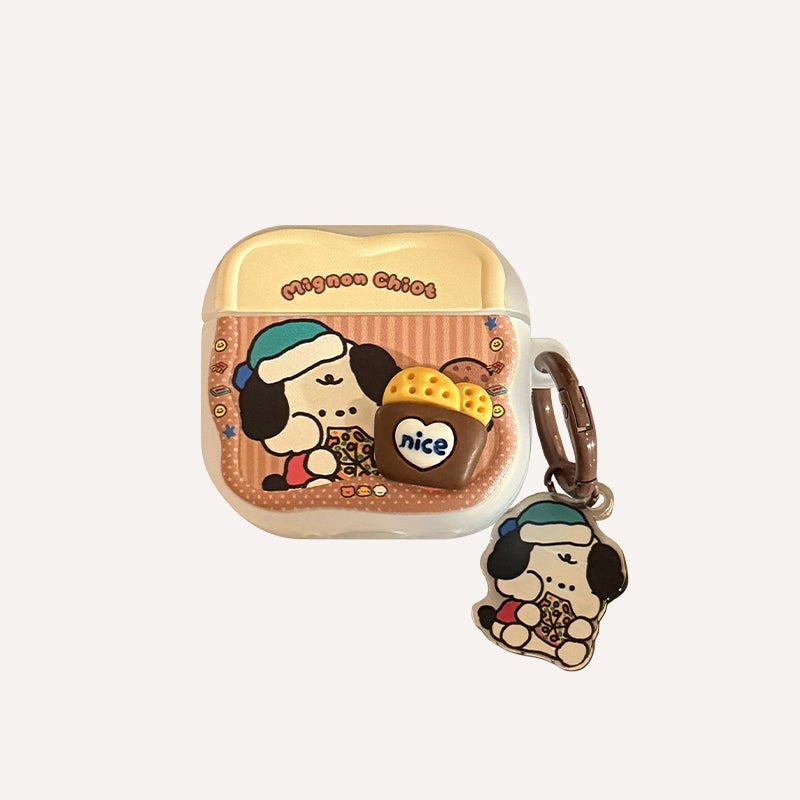 [Wave-shaped AirPods Earphone Cover] Translucent White 3D Biscuit Bag Dog + Brown Pizza Dog Hanging Ring