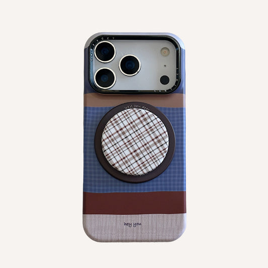 Brown, blue, and white striped phone case with magnetic stand