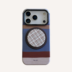 Brown, blue, and white striped phone case with magnetic stand