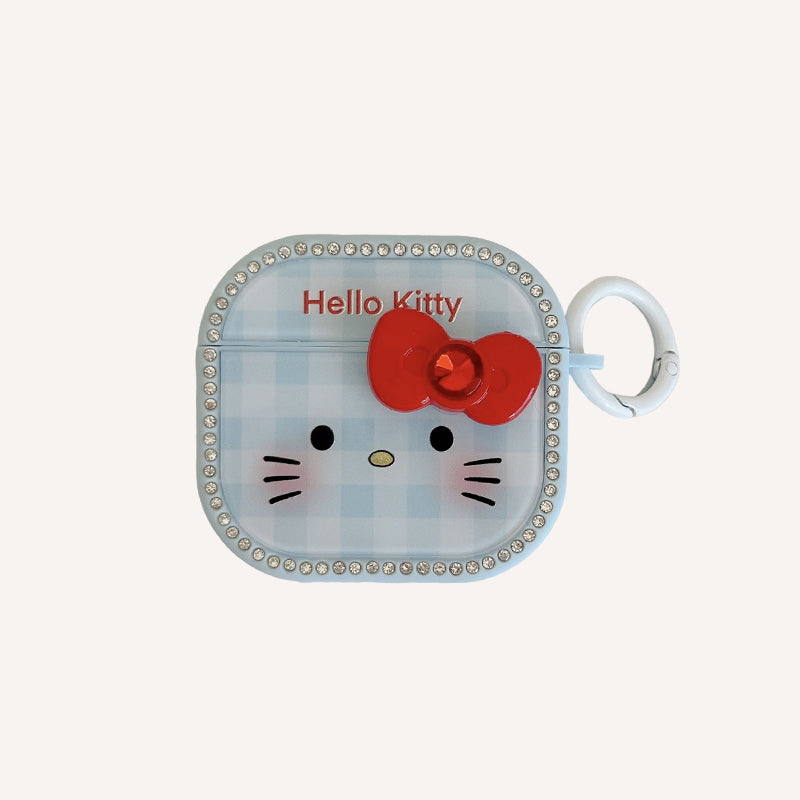 Blue plaid Kitty face magnetic rhinestone earphone case