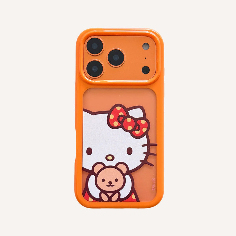 Orange-bordered Kitty hugging a bear rounded phone case