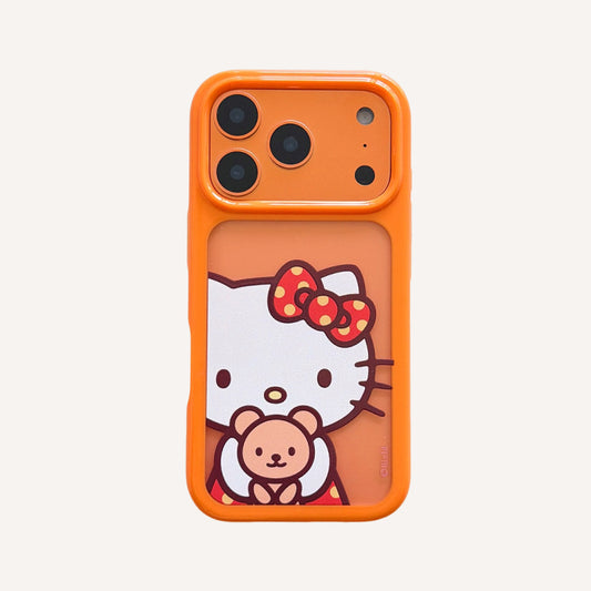 Orange-bordered Kitty hugging a bear rounded phone case