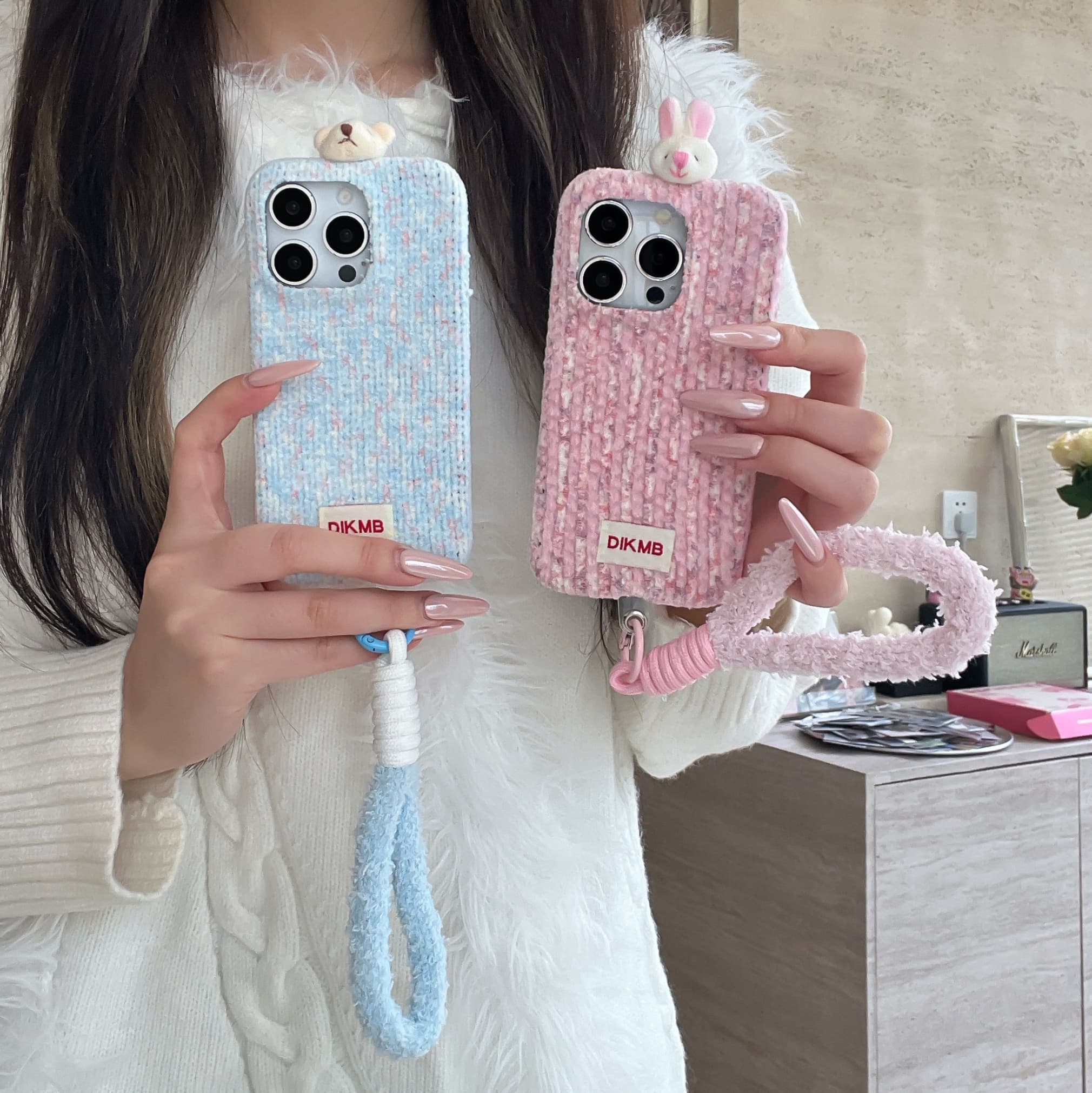 Two-tone corduroy bear and rabbit head phone case