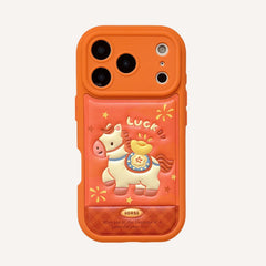 Orange-based 3D Apple phone case with gold ingot and pony design