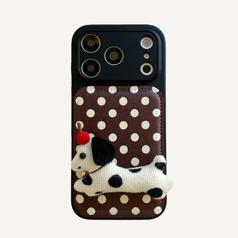 Burgundy polka dot + dog-shaped stand with large window phone case