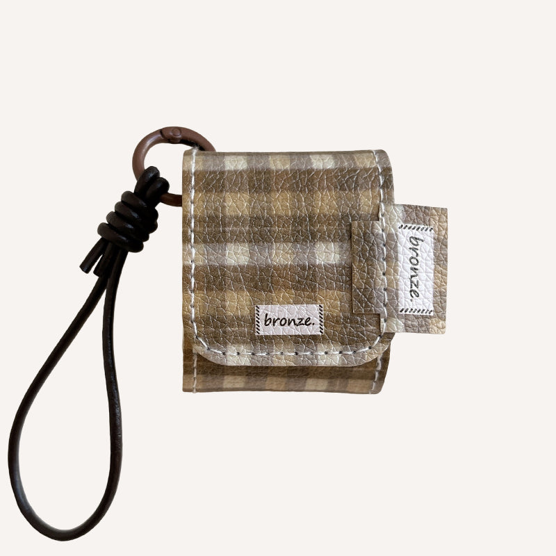 Brown plaid plush bear leather bag and earphone cover