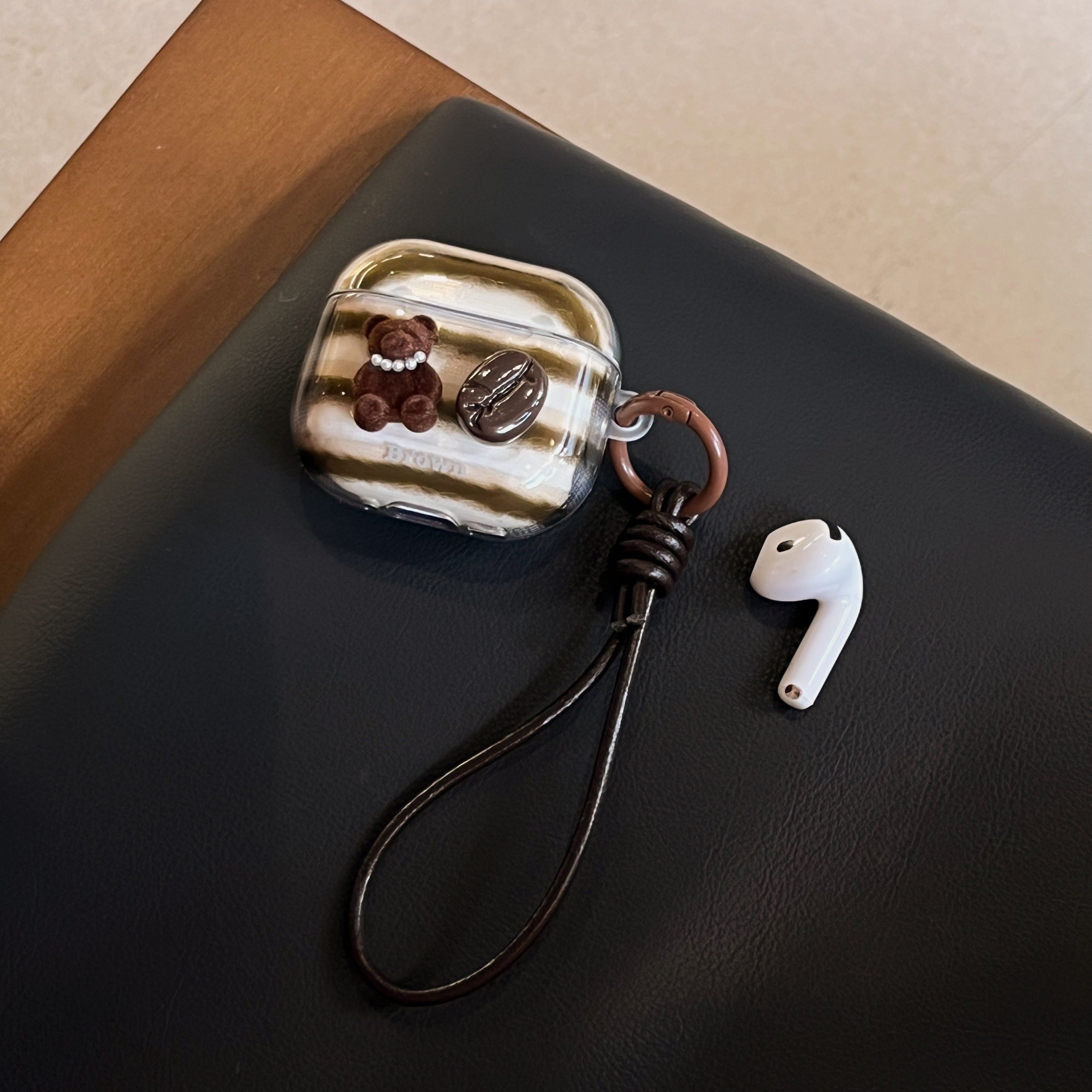 Retro striped coffee bean bear earphone case