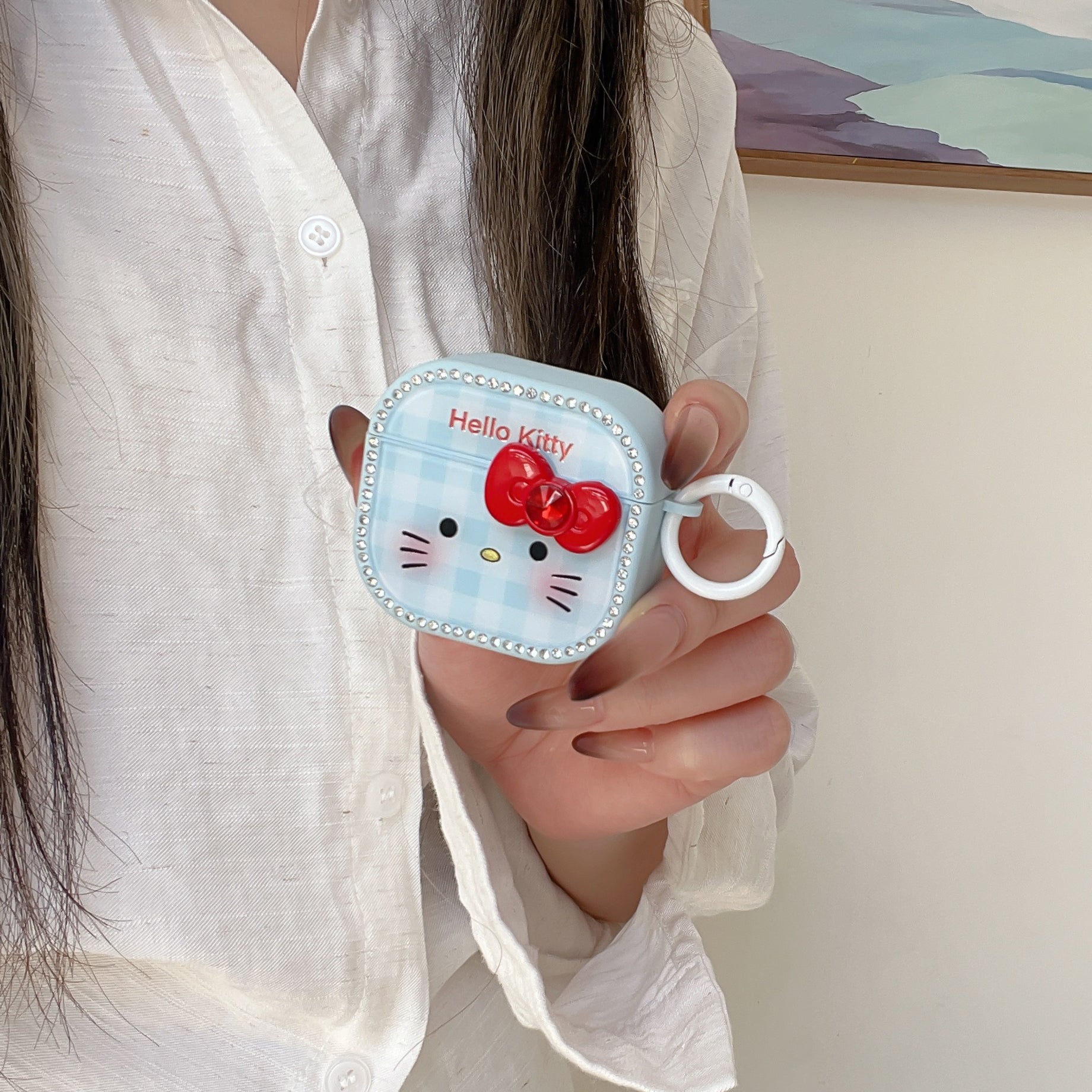 Blue plaid Kitty face magnetic rhinestone earphone case