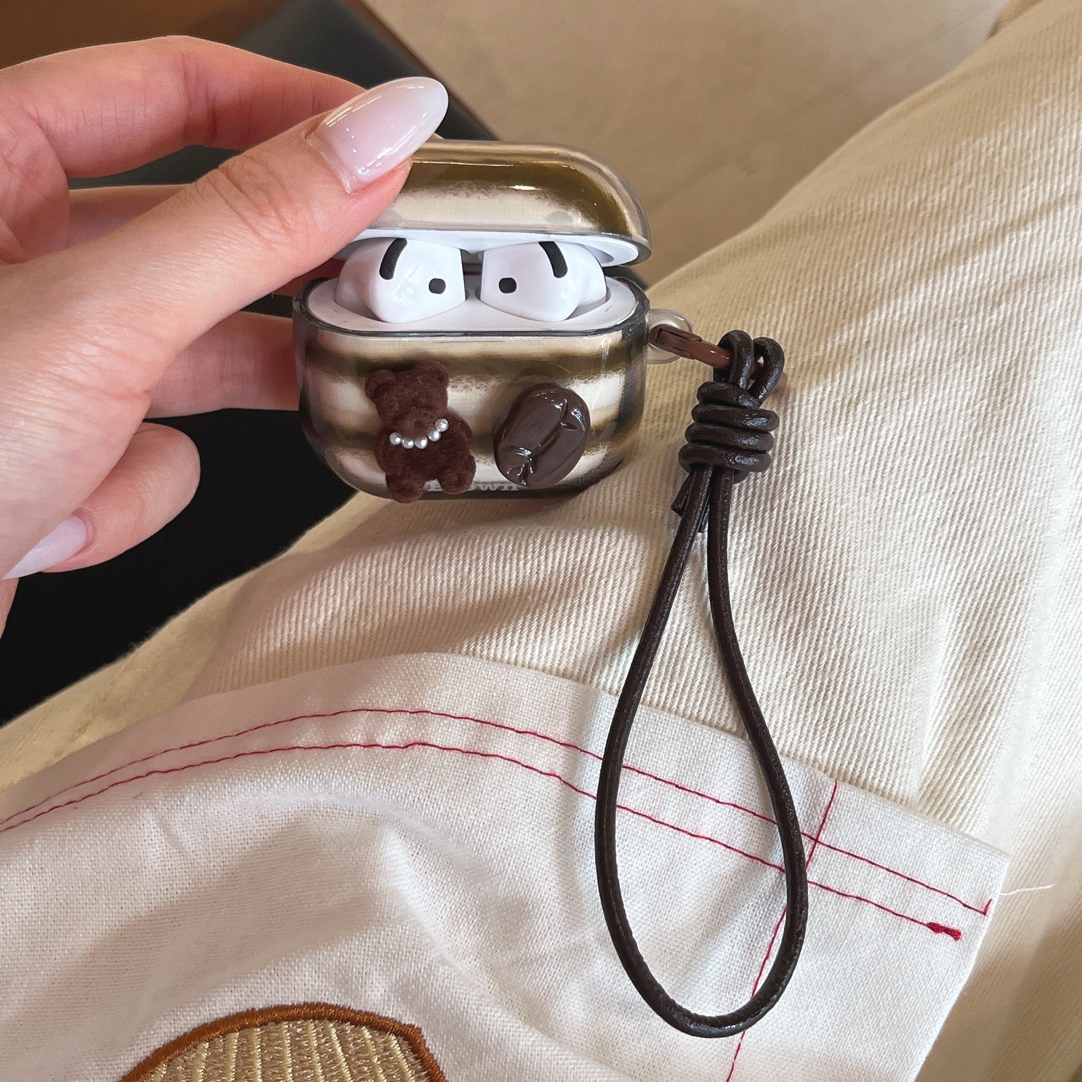 Retro striped coffee bean bear earphone case