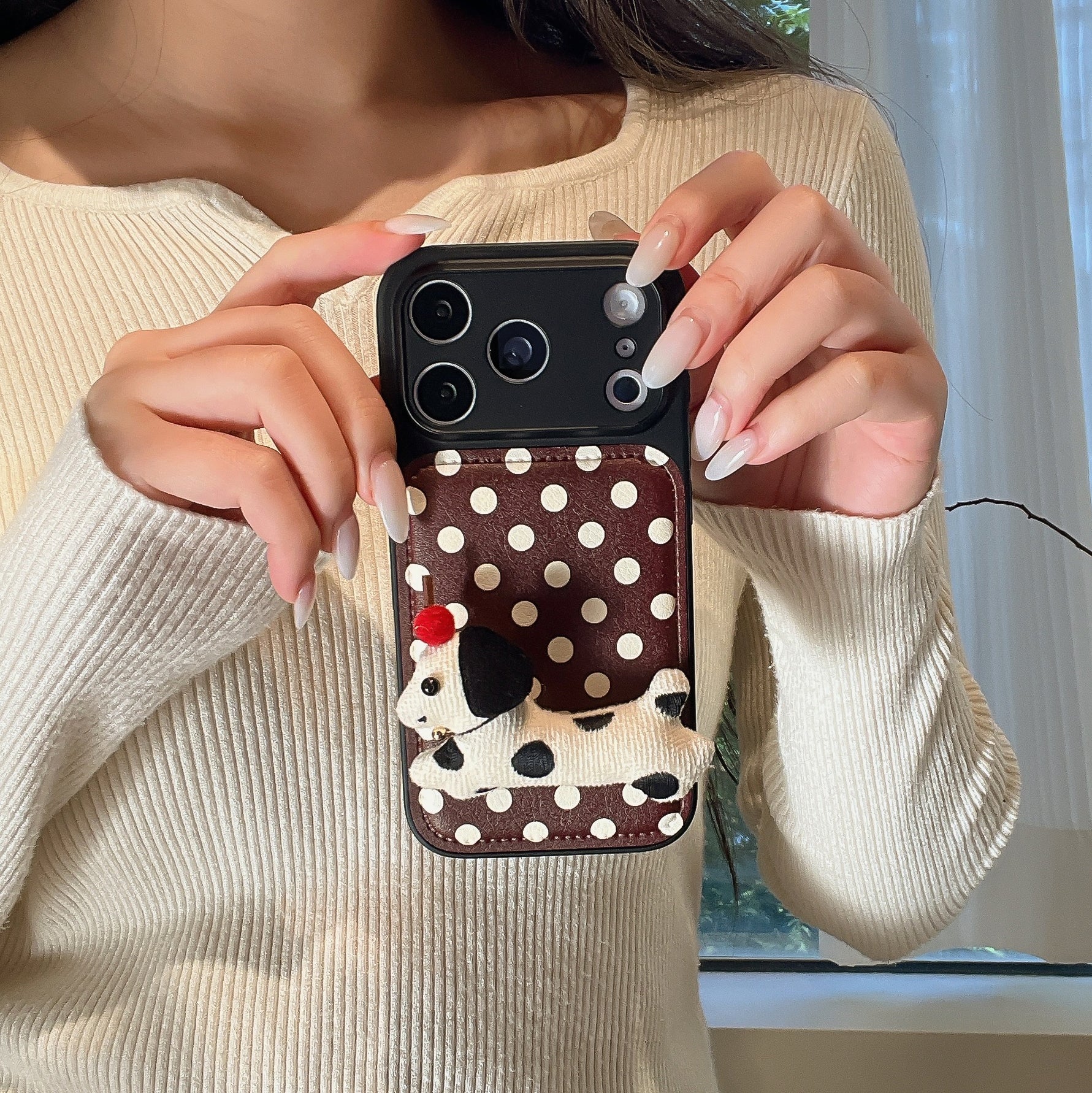 Burgundy polka dot + dog-shaped stand with large window phone case