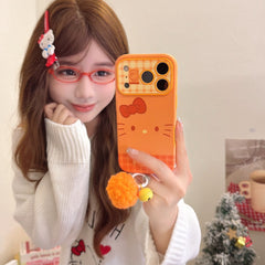 Orange plaid Kitty emoji large window phone case