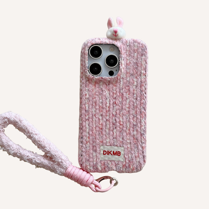 Two-tone corduroy bear and rabbit head phone case