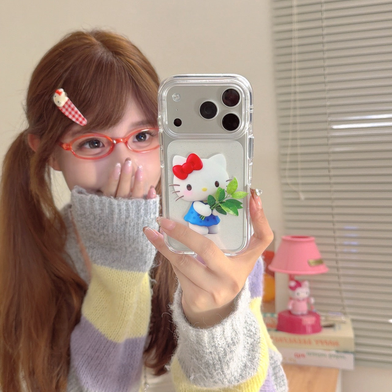 Kitty round-edged airbag double-sided phone case with pomelo leaf design