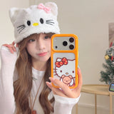 Load image into Gallery viewer, Orange-bordered Kitty hugging a bear rounded phone case