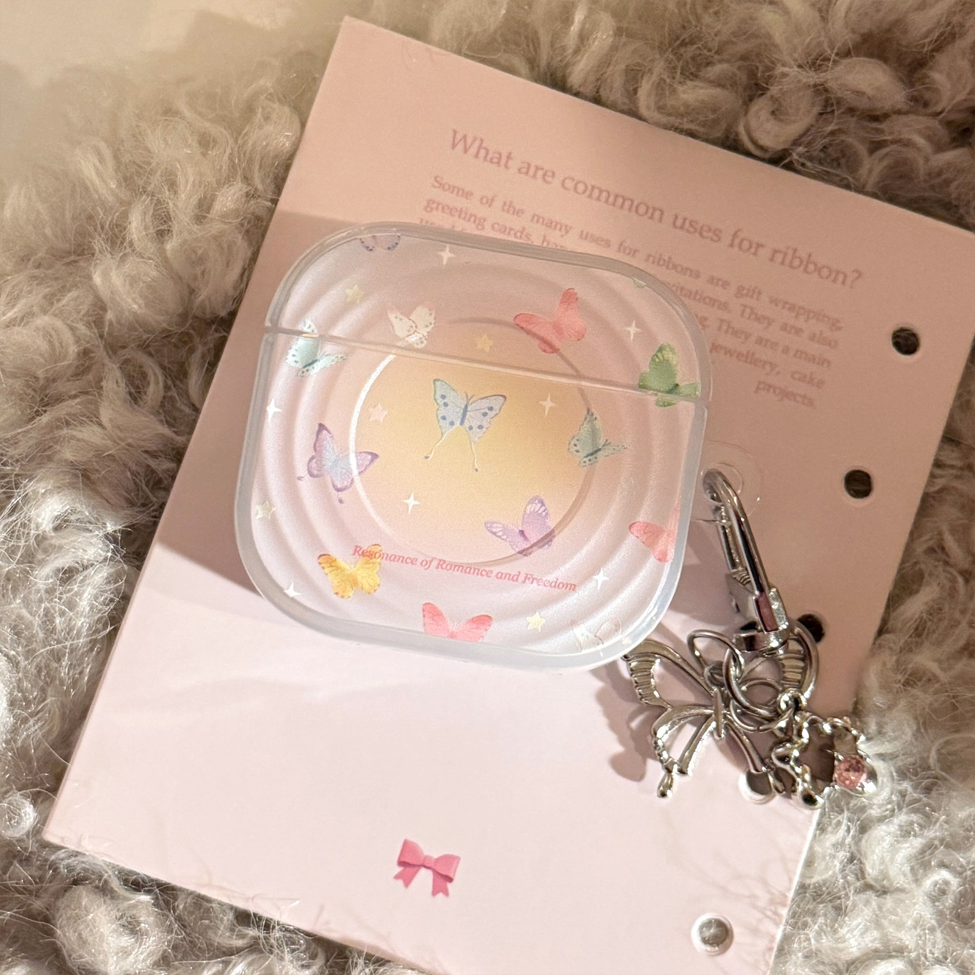 Semi-transparent purple iridescent butterfly pattern wave-shaped earphone cover