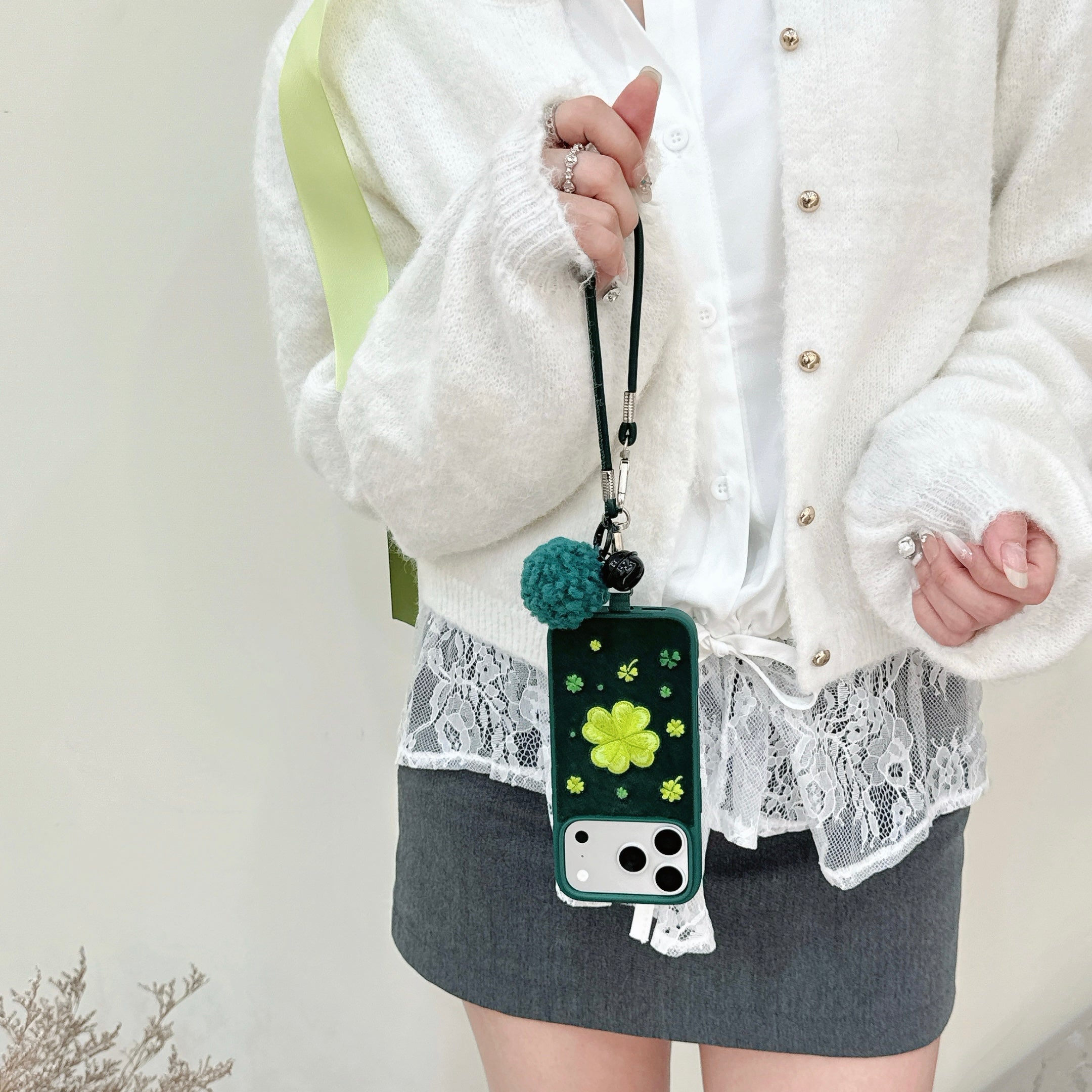 Green four-leaf clover embroidered phone case