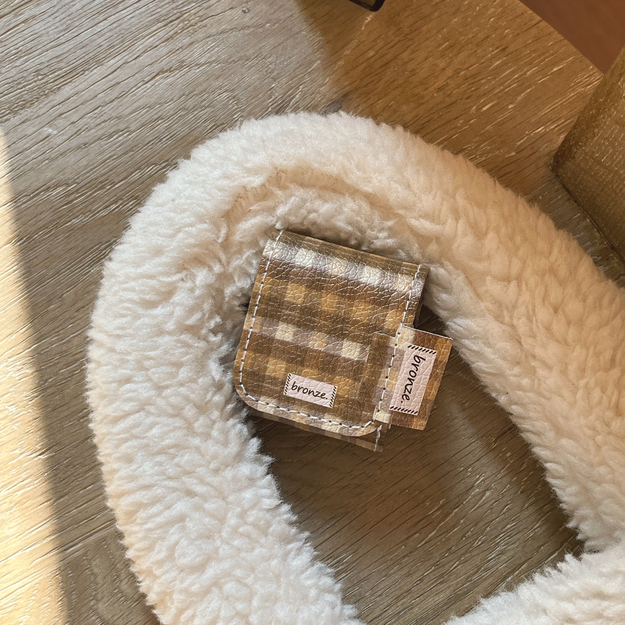 Brown plaid plush bear leather bag and earphone cover