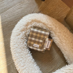 Brown plaid plush bear leather bag and earphone cover