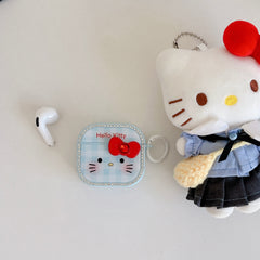 Blue plaid Kitty face magnetic rhinestone earphone case