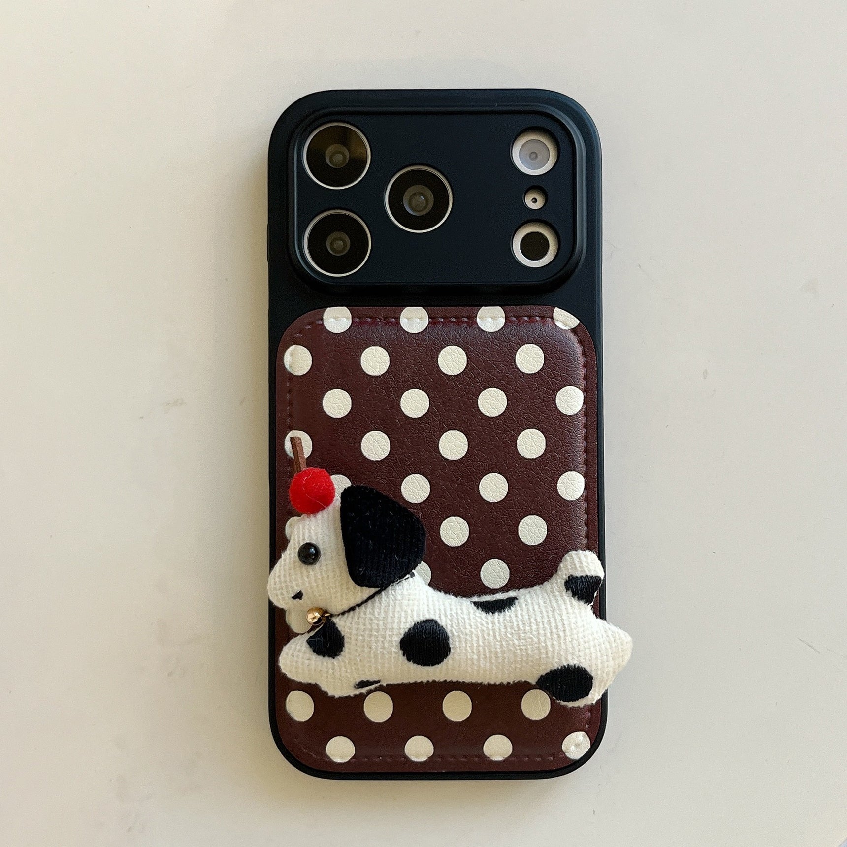 Burgundy polka dot + dog-shaped stand with large window phone case
