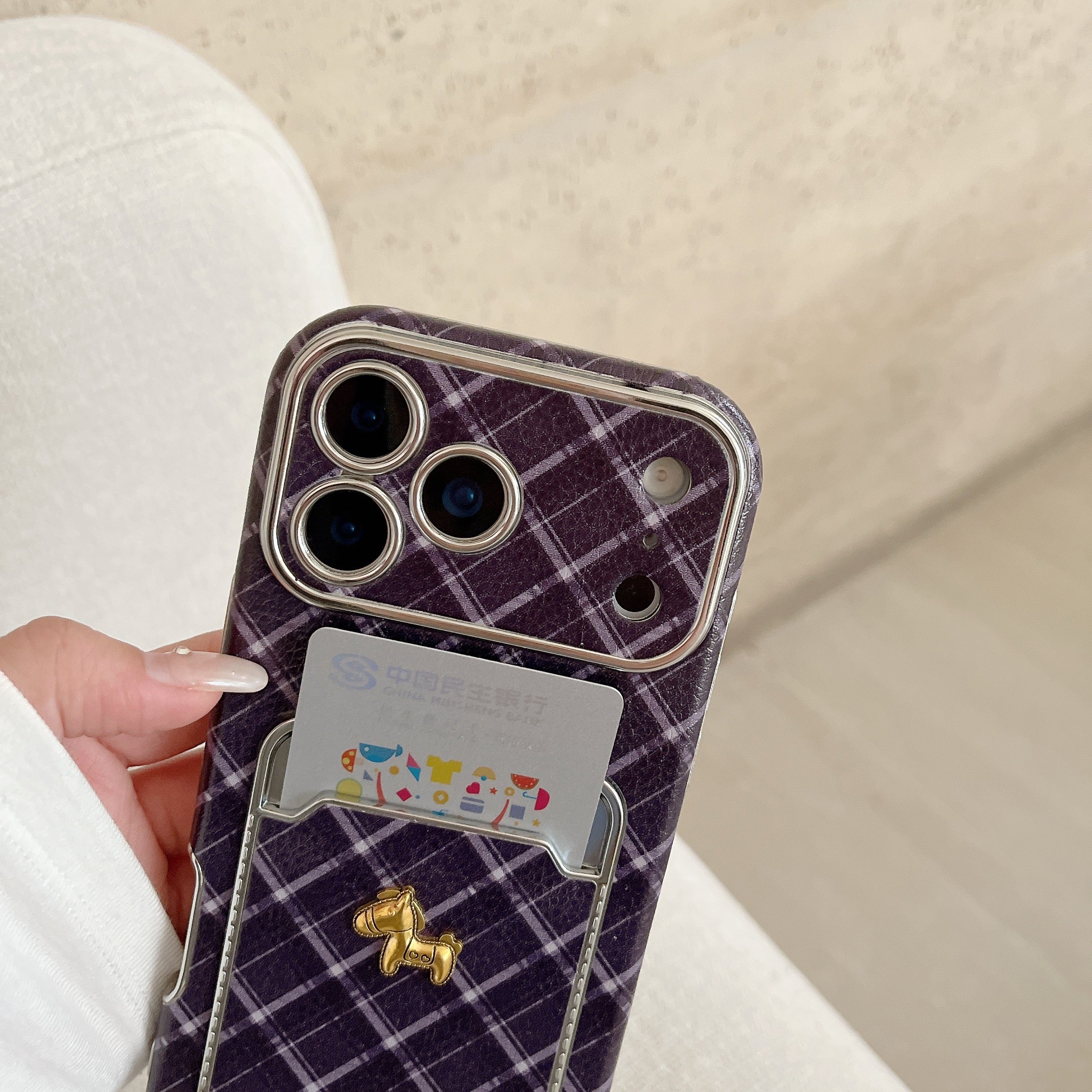 Blue checkered pony leather phone case