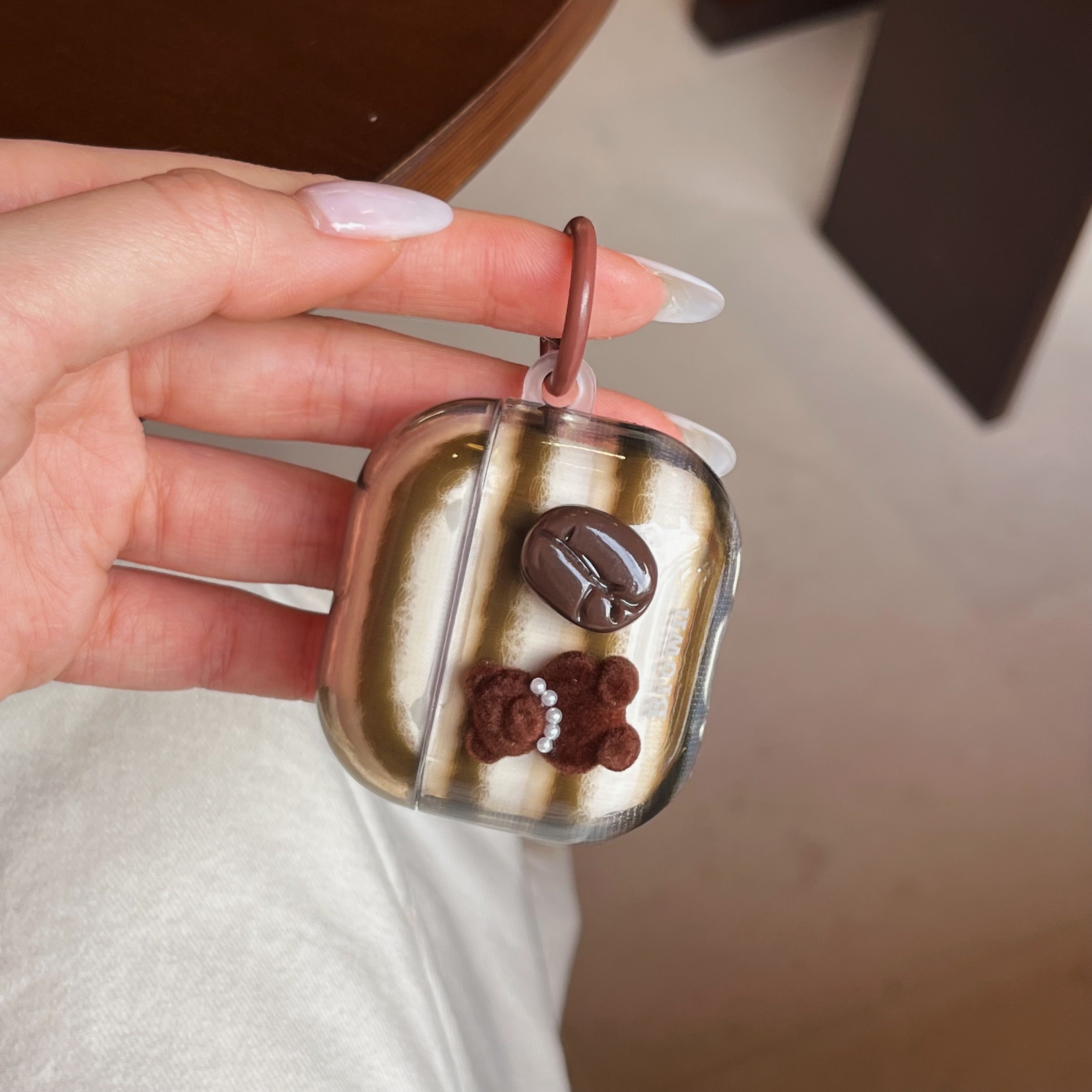 Retro striped coffee bean bear earphone case