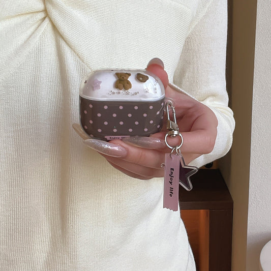 Brown and pink polka dot bear AirPods earphone case