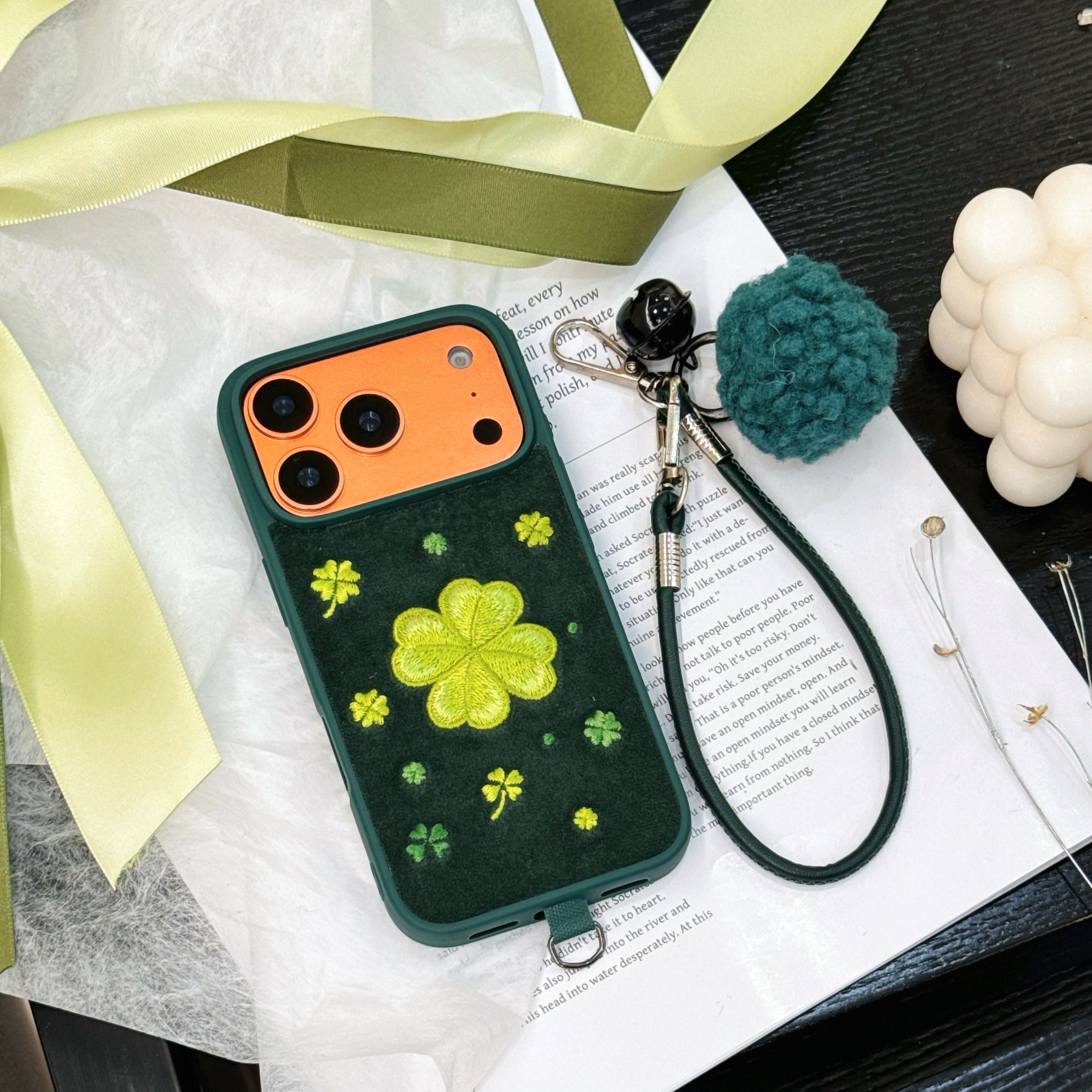 Green four-leaf clover embroidered phone case