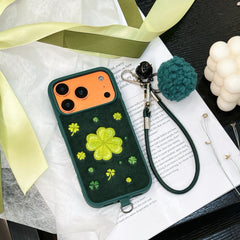 Green four-leaf clover embroidered phone case