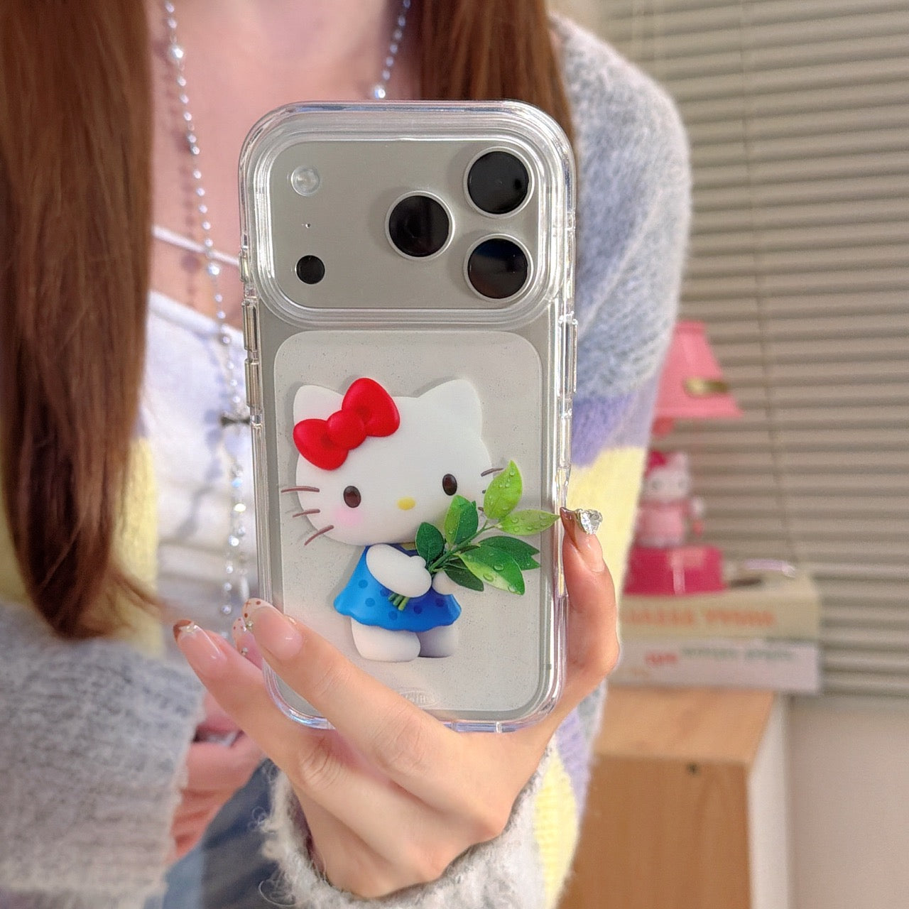 Kitty round-edged airbag double-sided phone case with pomelo leaf design