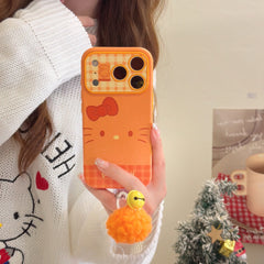 Orange plaid Kitty emoji large window phone case