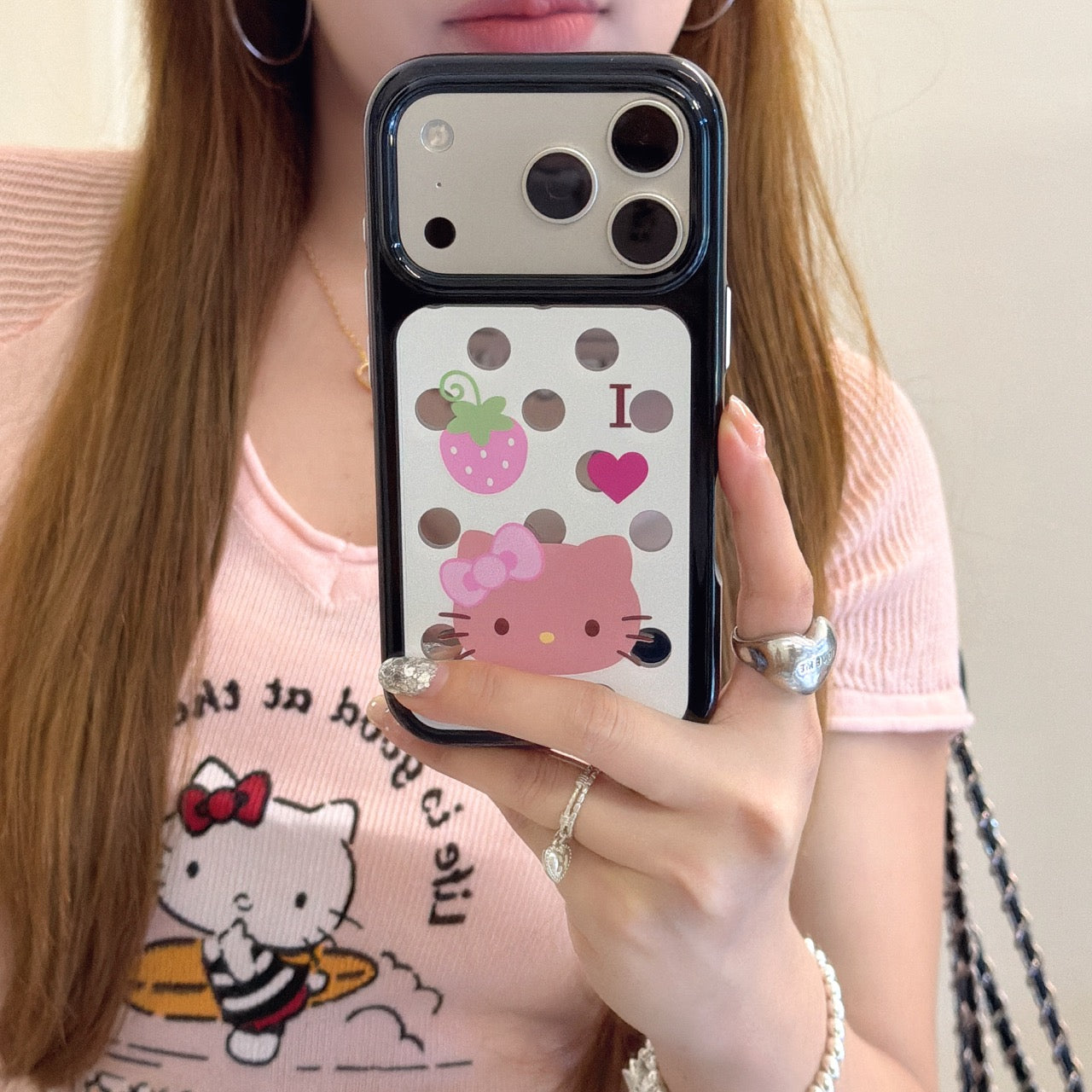 Polka Dot Strawberry Kitty Mirror iPhone Case | Y2K Aesthetic Cover