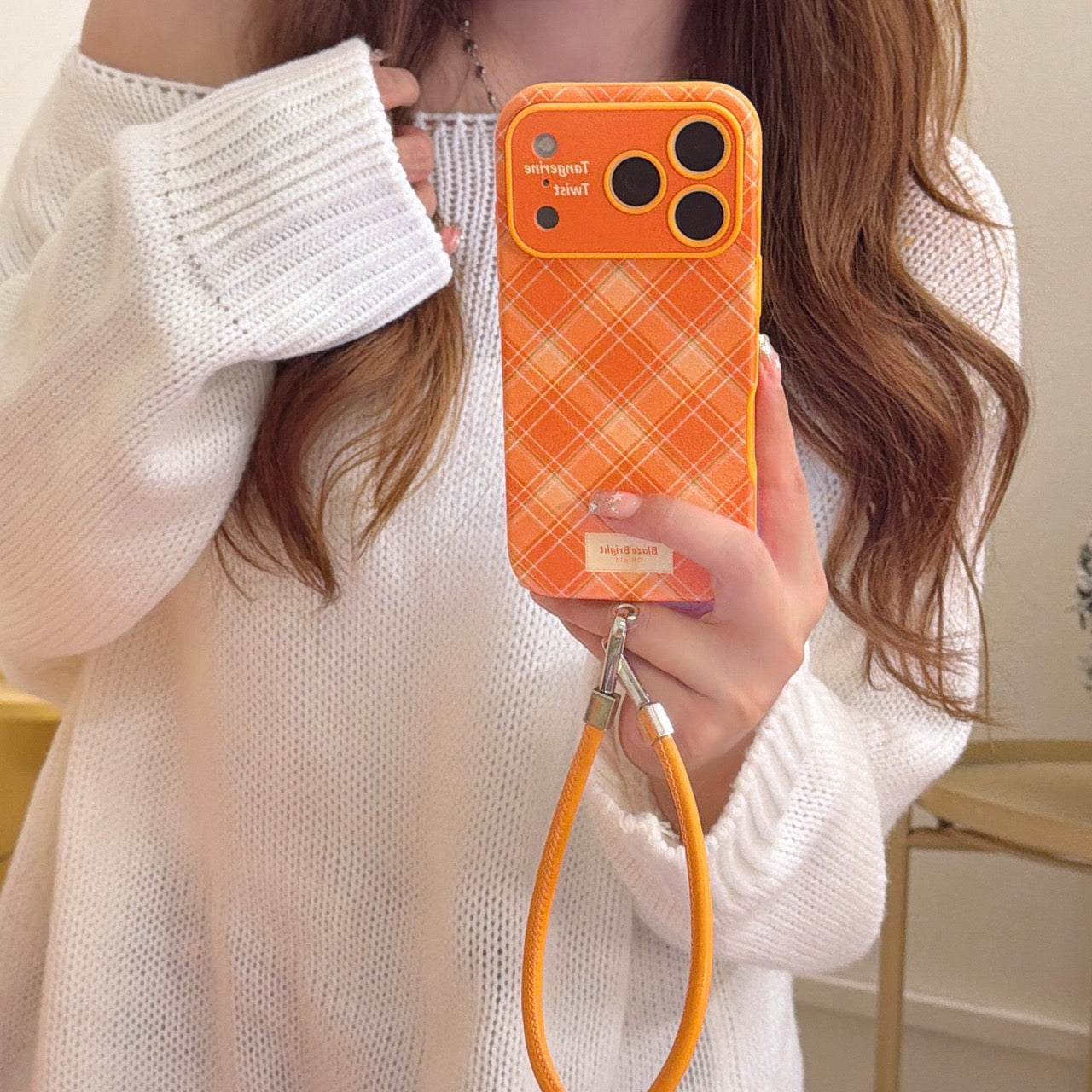Simple orange diamond pattern large window phone case