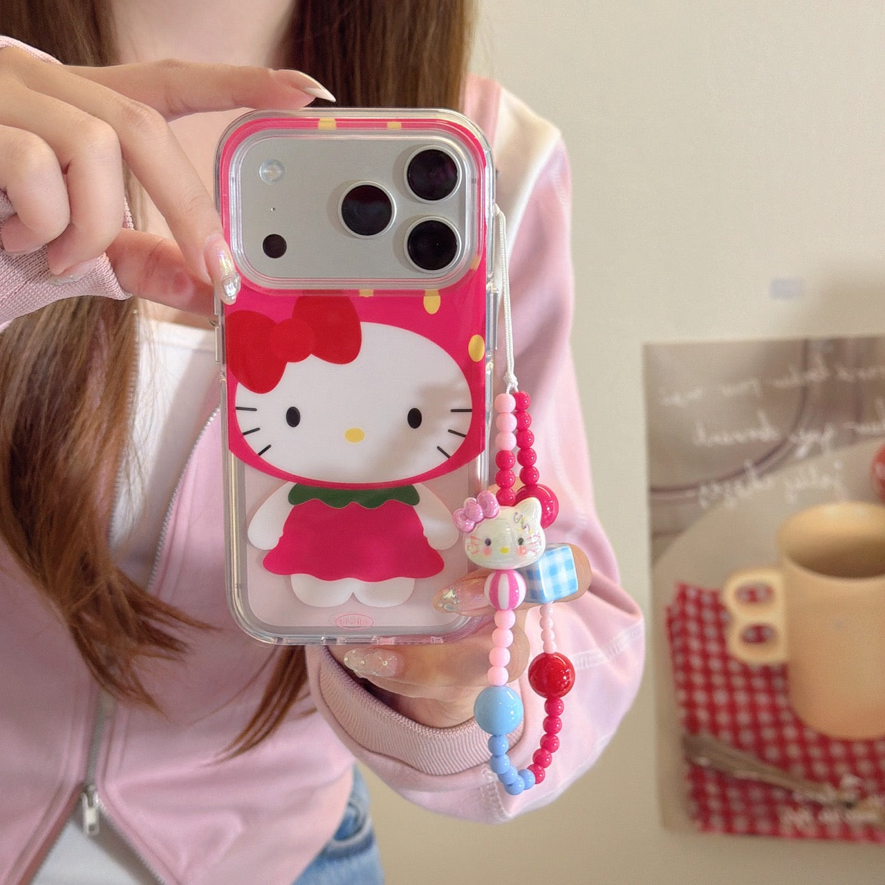 Strawberry Cute Outfit Hello Kitty Phone Case for iPhone 13-17 Pro Max