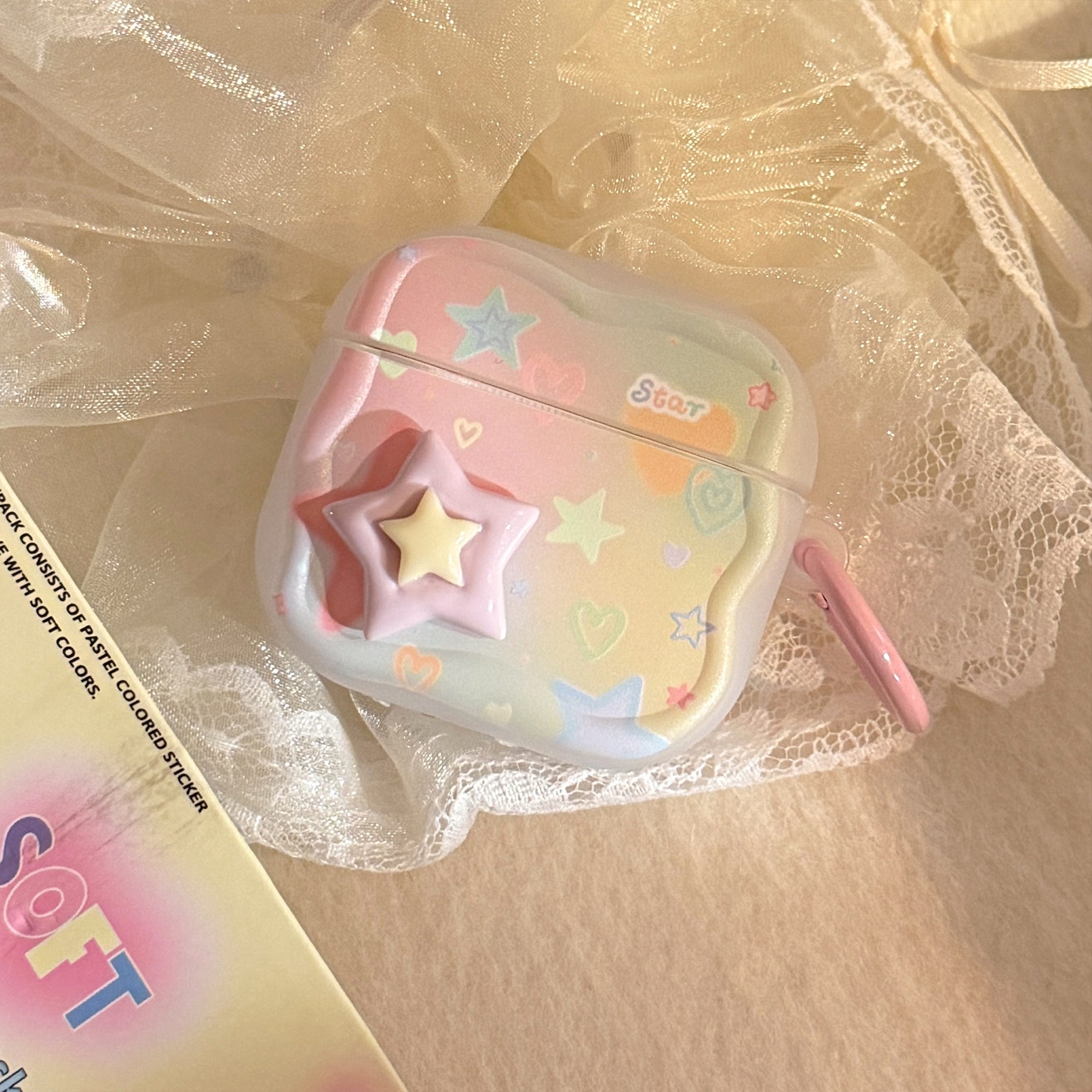 【Wave Earphone Cover】Translucent White Colorful Stars, 3D Purple and Yellow Stars + Light Pink Hanging Ring